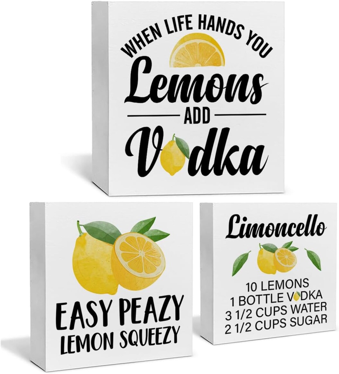 3-Piece Summer Lemon Décor Set – Farmhouse Lemon-Themed Wooden Box Signs for Tiered Tray, Table, Desk, Shelf, and Kitchen Decoration